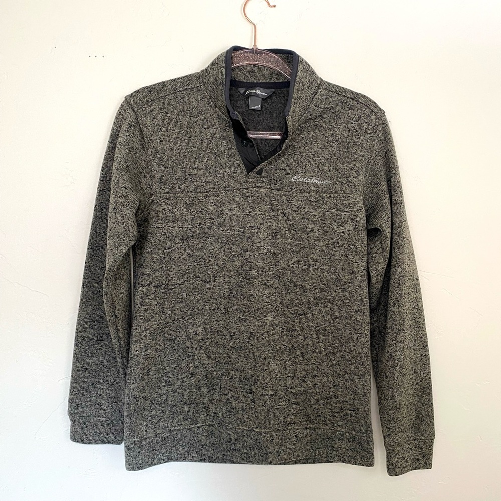 Eddie Bauer Green Grey Knit Radiator Fleece Snap-Front Fleece Men's Knit Sweater